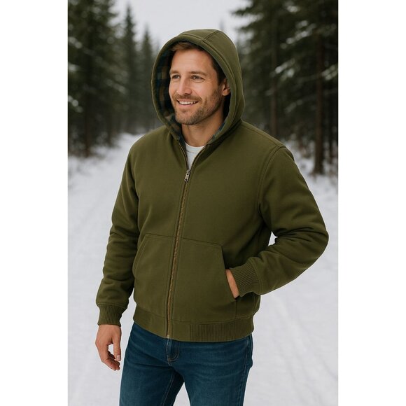 Woolrich Men's XL Canvas Hooded Jacket Plaid Kangaroo Pocket Zipper Hoodie Green - Picture 9 of 12